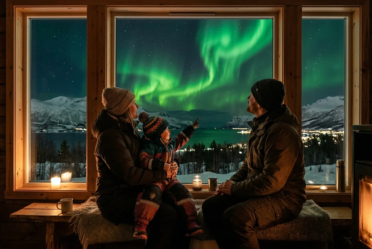 Famiglia con bambini piccoli in tute termiche imbottite che osserva l'aurora boreale da un campo con falò durante un tour adatto alle famiglie vicino a Tromsø