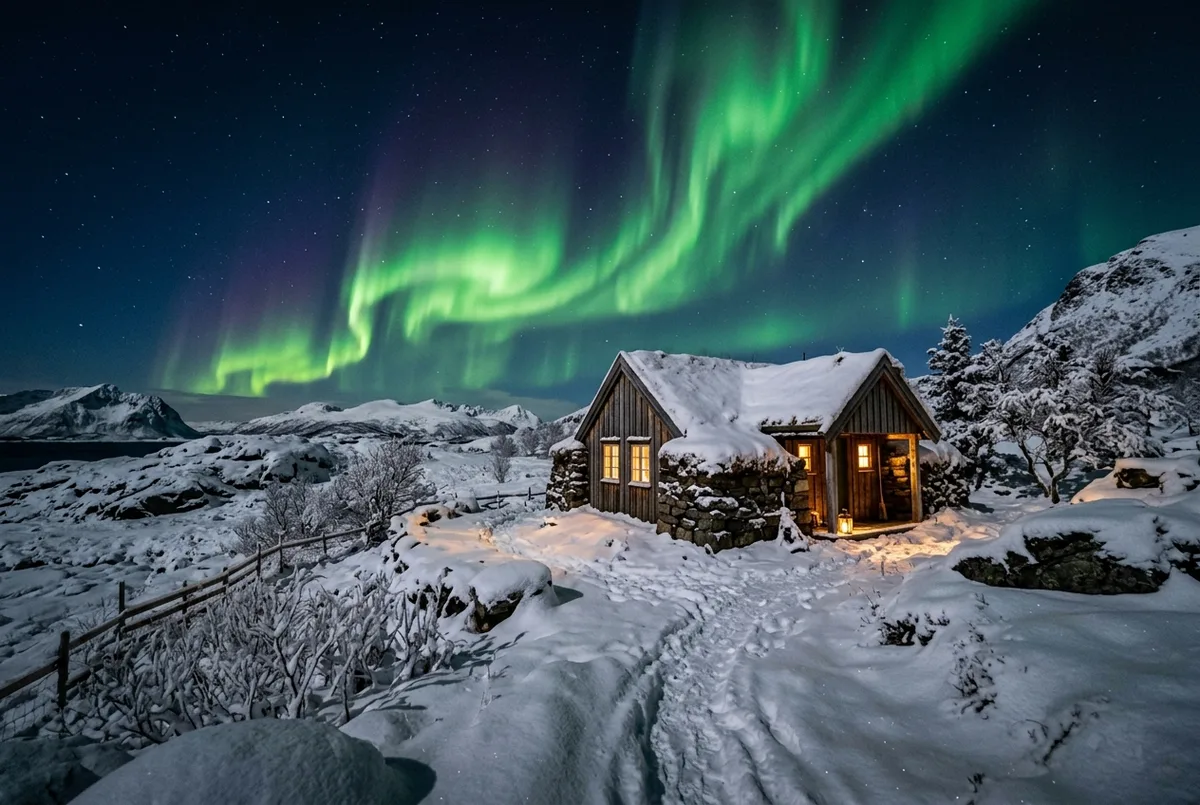 Cielo notturno islandese con aurora boreale verde sopra una casa isolata coperta di neve, scena che rappresenta il periodo migliore per l aurora boreale islanda