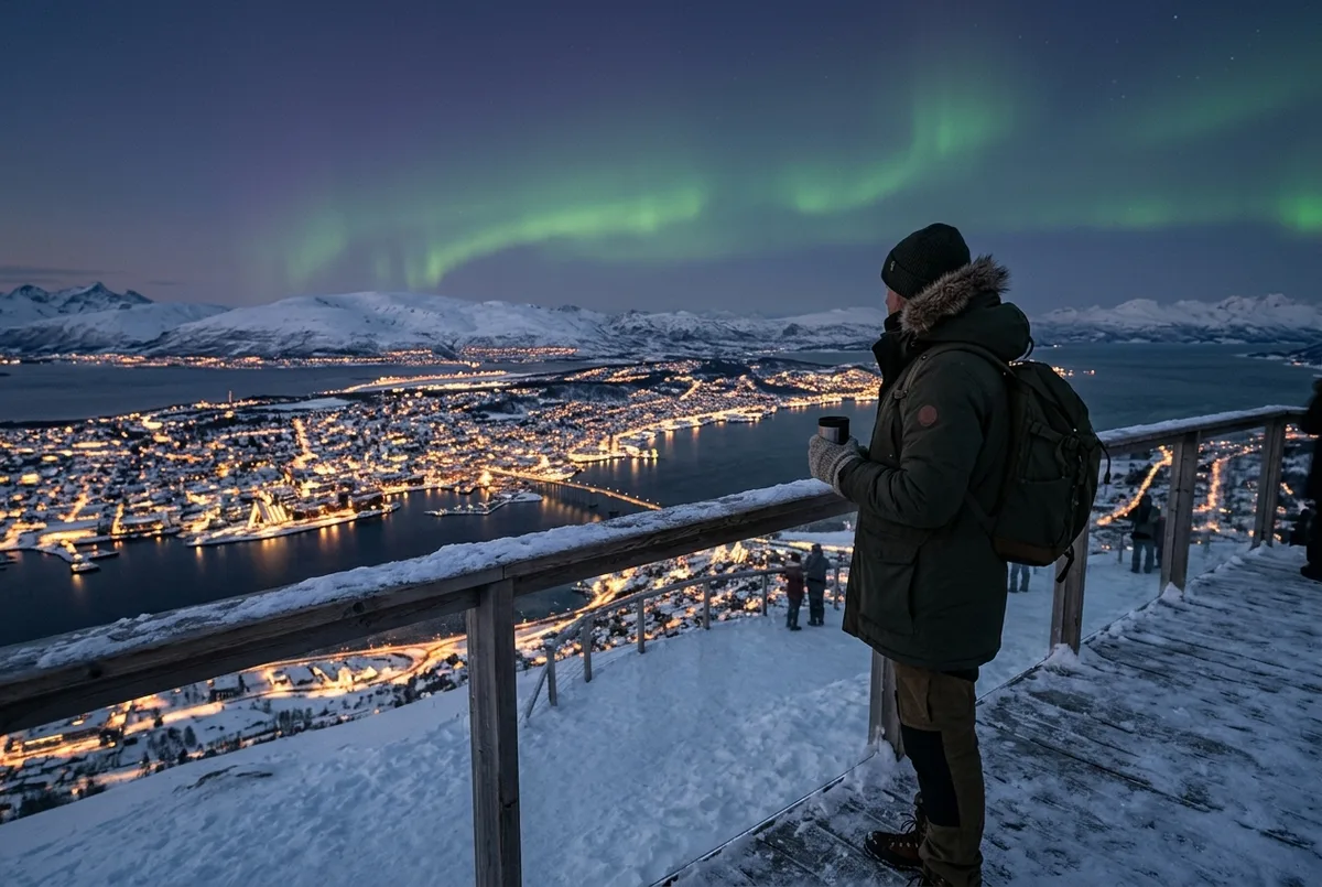 Rejsende i tyk vinterjakke står på et snedækket udsigtspunkt i Tromsø under spørgsmålet nordlys norge hvornår, med en svagt grønlig polarskumring i horisonten