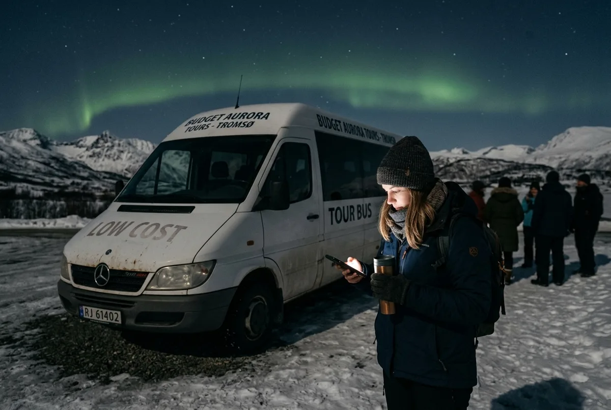 Rejsende sammenligner priser på en mobiltelefon foran en simpel nordlysbus i Tromsø om aftenen, en billig nordlystur-budgetscene med et svagt nordlys i baggrunden