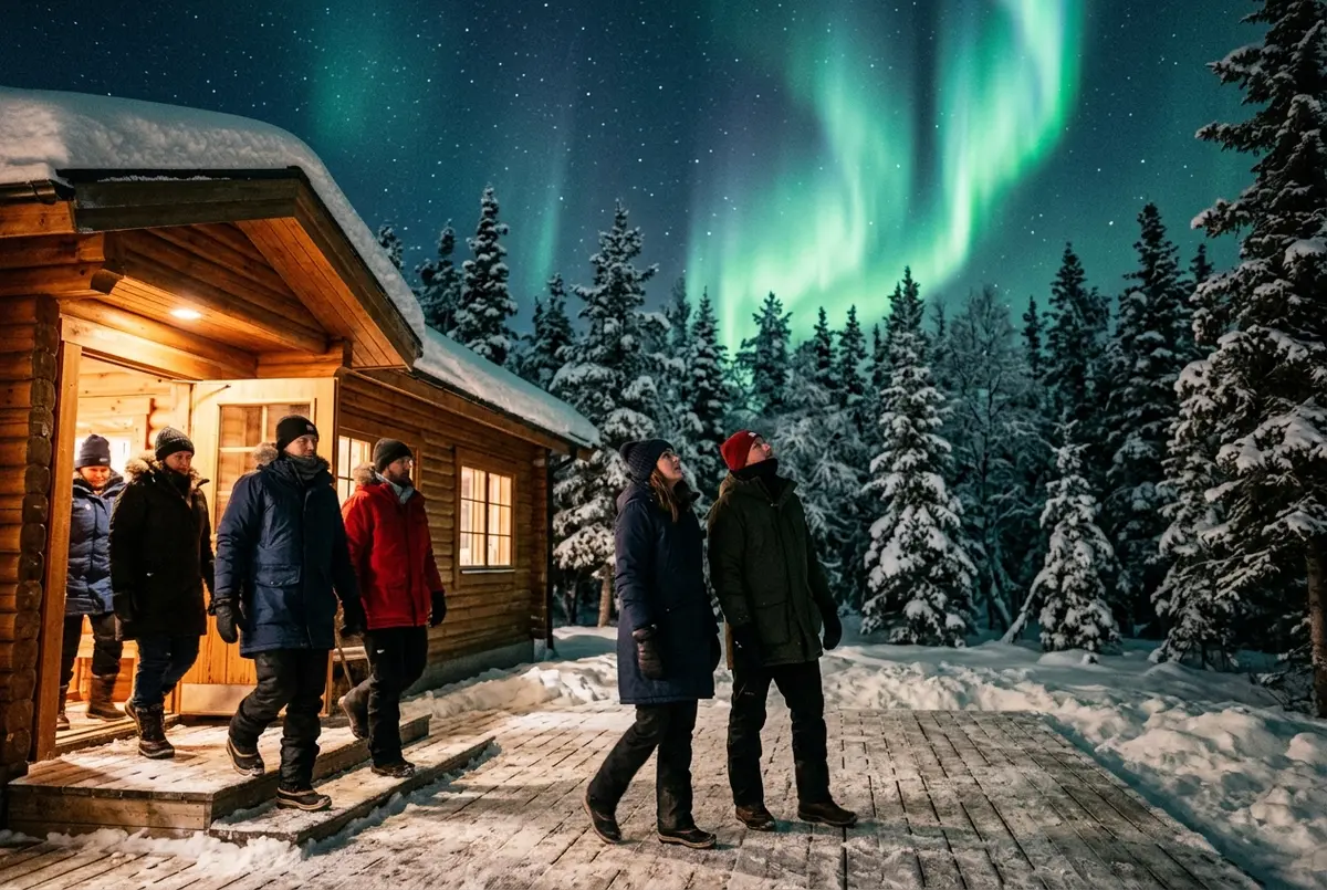 Fairbanks Alaska yakınında kuzeye bakan geniş pencereli bir aurora locasının önünde parlak yeşil bir fairbanks kuzey ışıkları turu gösterisi izleyen kalın kışlık kıyafetli küçük grup