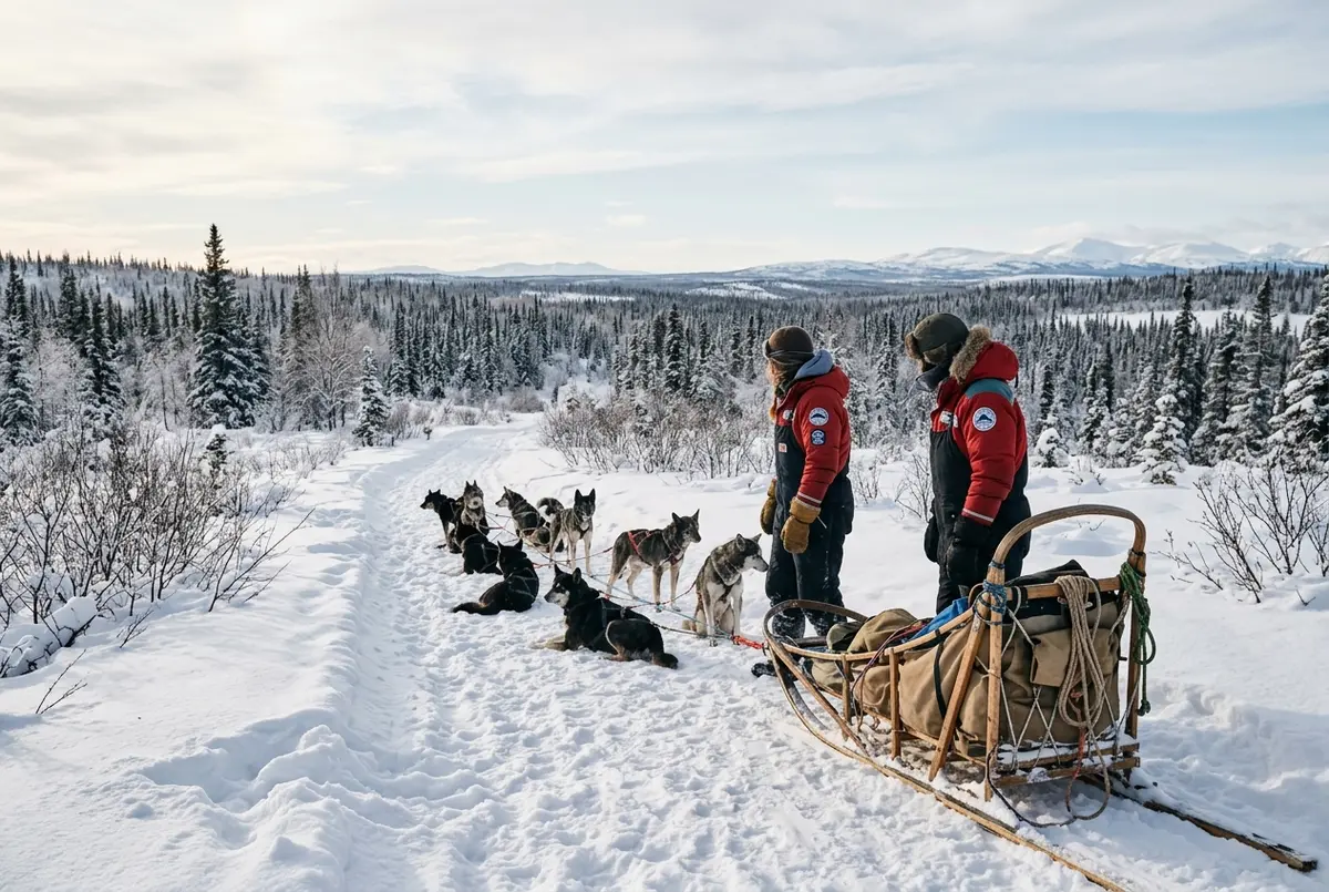 Fairbanks yakınında Chena Hot Springs açık hava kaplıcasında kar yağarken yıkanan gezginler, arka planda parlak yeşil aurora ve buhar bulutu, fairbanks kış aktiviteleri sahnesi