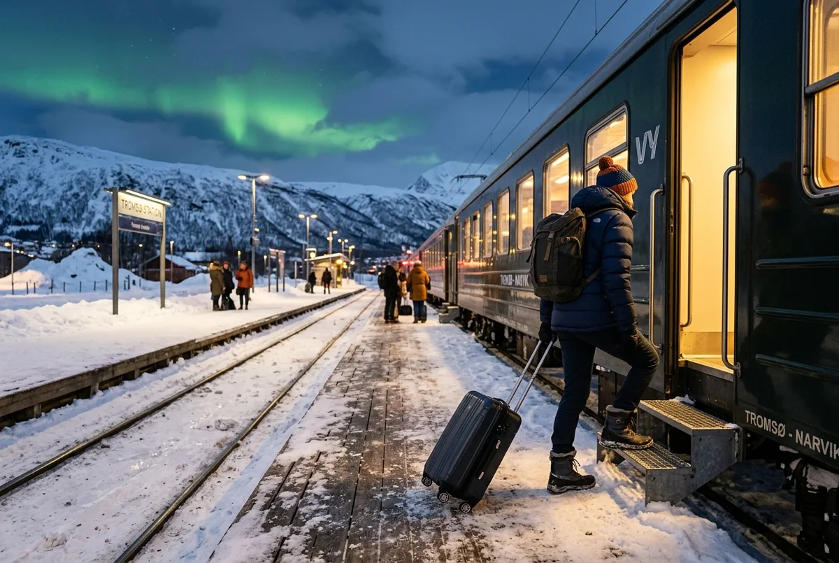 Viajante com uma mala de rodas a embarcar num comboio numa estação nevada do norte da Noruega ao entardecer, brilho fraco de aurora boreal já visível no céu