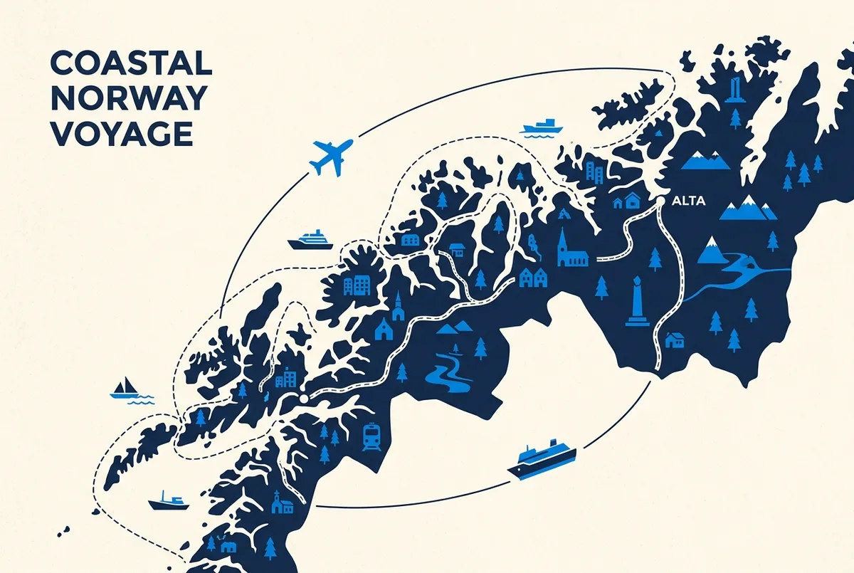 Mapa ilustrado em estilo flat da costa norueguesa mostrando a rota do trem panorâmico da linha de Nordland e a rota do cruzeiro costeiro entre Bergen e Tromsø, ícones simples de comboio e navio, apenas rótulos genéricos de lugares
