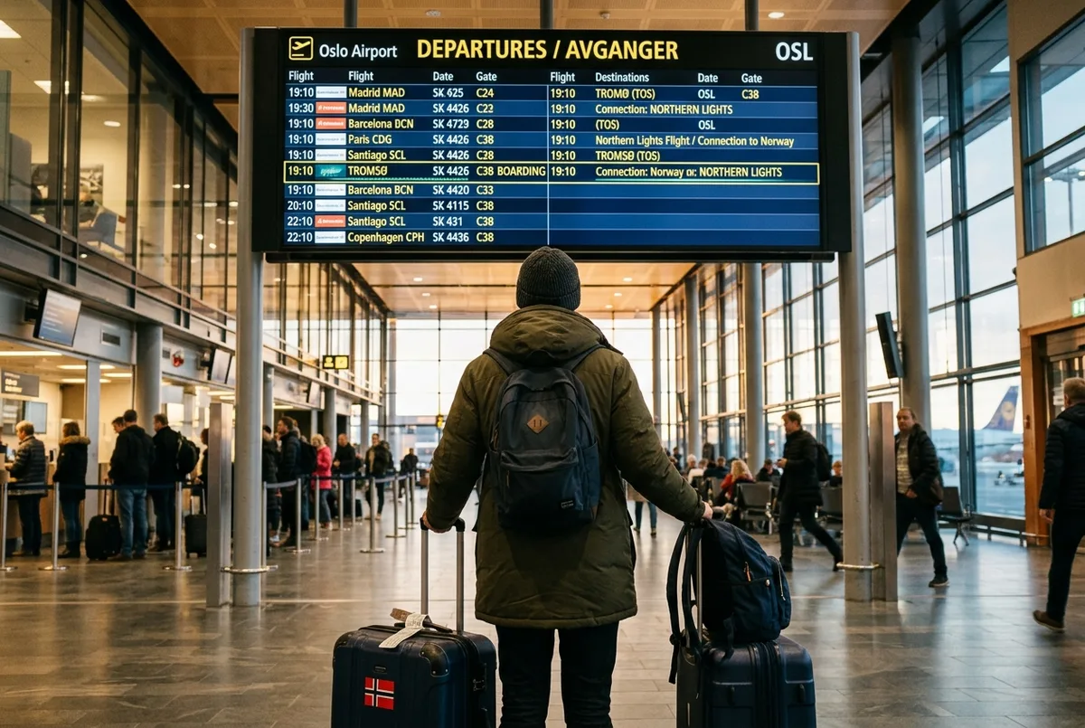 Viajero con maleta de invierno mirando un panel de salidas de aeropuerto europeo mostrando cómo llegar a noruega desde españa y latinoamerica para ver la aurora boreal, vuelo de conexión a Tromsø