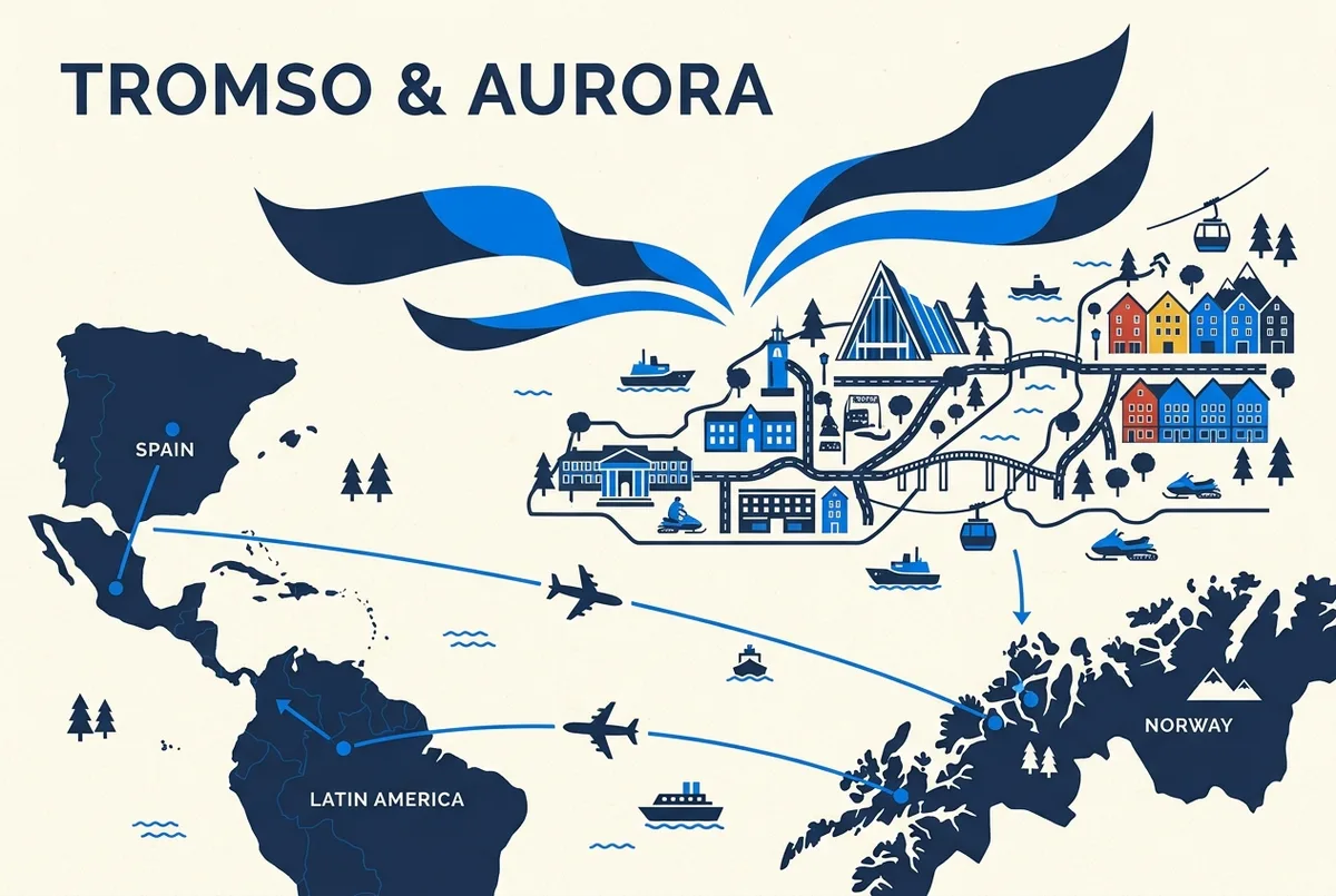 illustrated map of Tromso highlights for Cómo Llegar a Noruega para Ver la Aurora Boreal desde España y Latinoamérica, como llegar a noruega desde españa y latinoamerica para ver la aurora boreal