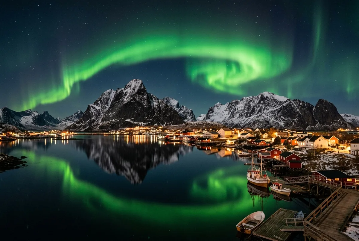 Viajante fotografando a aurora boreal sobre os picos nevados das Ilhas Lofoten refletidos numa baía escura junto a uma aldeia de pescadores noruega
