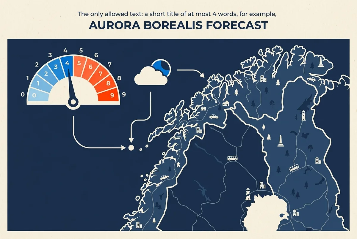 Fladt infografik-koncept der viser et Kp-indeks-måler fra 0 til 9 ved siden af et enkelt skydæks-symbol over et kort af Nordnorge, som illustrerer hvordan et nordlys varsel norge kombinerer begge datakilder, kun generiske labels