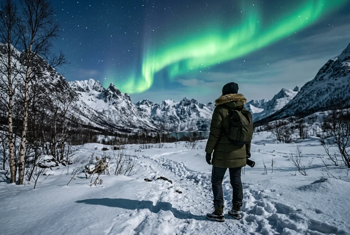 Ensam resenär i varm vinterjacka som tittar upp mot ett grönt norrsken kiruna sverige-sken över ett snötäckt fjällandskap utanför staden en klar vinternatt