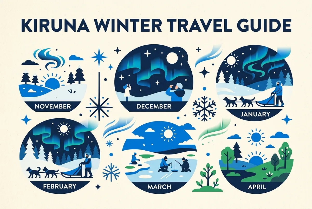 Enkel infografik som jämför norrsken-odds, mörkerlängd och dagaktiviteter för Kiruna månad för månad från november till april, generiska ikoner för snö, mörker och hundspann