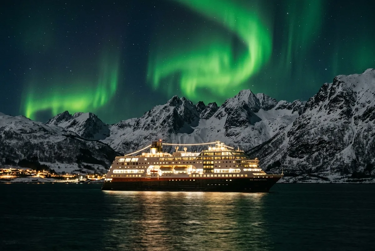 Großes Kreuzfahrtschiff liegt nachts in einem norwegischen Fjord vor Anker, während am Himmel dahinter ein grünes Polarlicht über schneebedeckten Bergen leuchtet