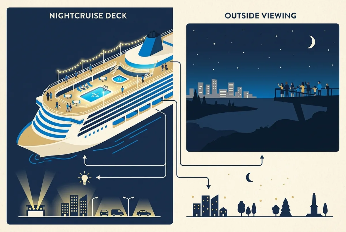 Vergleichsgrafik: helles Kreuzfahrtschiffdeck mit Lichtern gegen einen dunklen Landausflug-Beobachtungsort außerhalb der Stadt, mit einfachen Symbolen für Lichtverschmutzung und freie Sicht