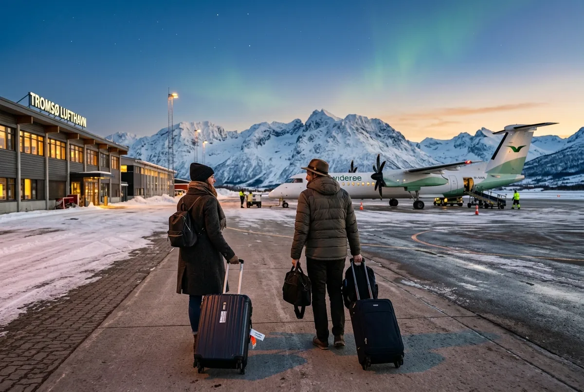 Reizigerspaar met koffers op Tromso vliegveld bij schemering, vliegtuig en besneeuwde bergen op de achtergrond, symbool voor een vakantie noorderlicht Noorwegen