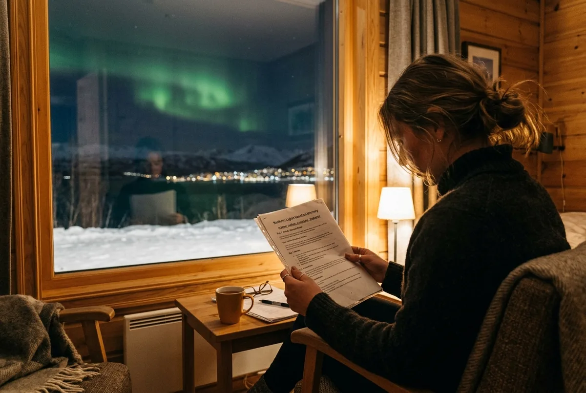 Traveler reviewing a printed northern lights vacation packages itinerary at a cozy Arctic hotel window with a faint green aurora glow visible outside