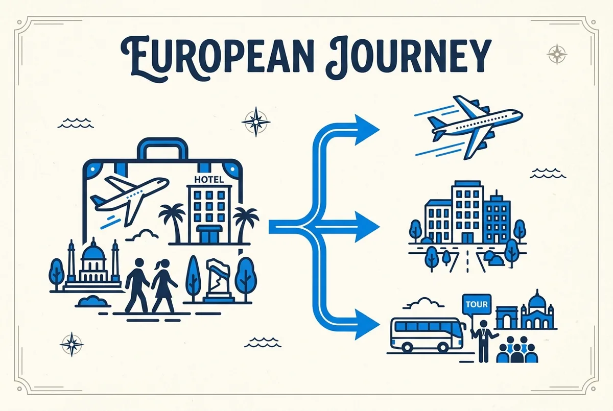 Simple cost-comparison infographic showing a bundled vacation package icon on one side and separate flight, hotel and tour icons on the other, with a connecting arrow, generic labels only, no prices