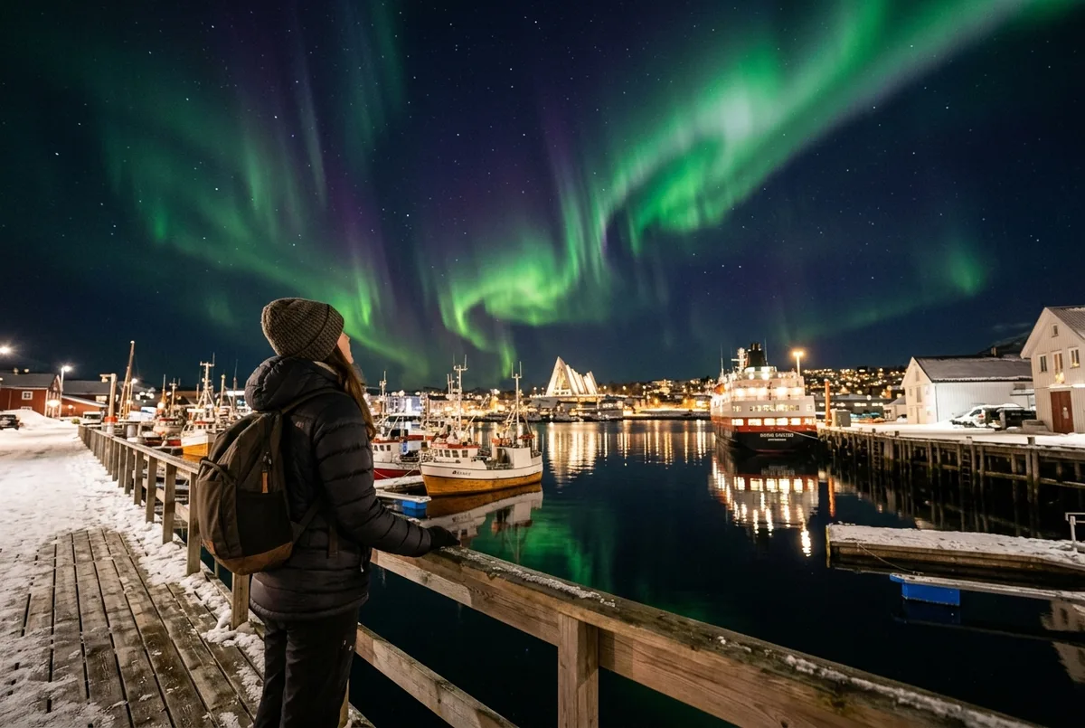 Voyageur regardant le ciel nocturne au-dessus du port d'Oslo avec une faible lueur verte discrète et incertaine à l'horizon, illustrant la rareté d'une aurore boréale à Oslo comparée à Tromso
