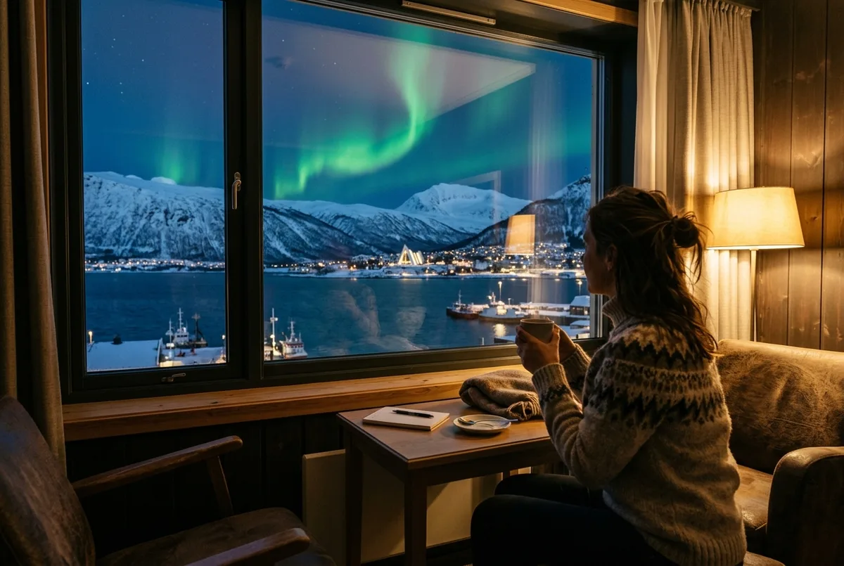 Karlı bir Tromsø yamacında cam çatılı bir norveç kuzey ışıkları otel kabini, içeride sıcak ışık ve tepede parlak yeşil bir aurora gökyüzü