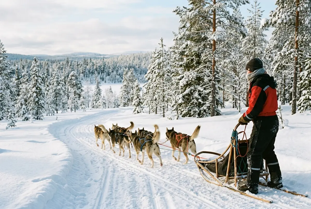 Guida con muta di husky su un sentiero innevato vicino a Rovaniemi durante un'escursione con renne e husky a Rovaniemi, foresta di conifere e luce invernale morbida sullo sfondo