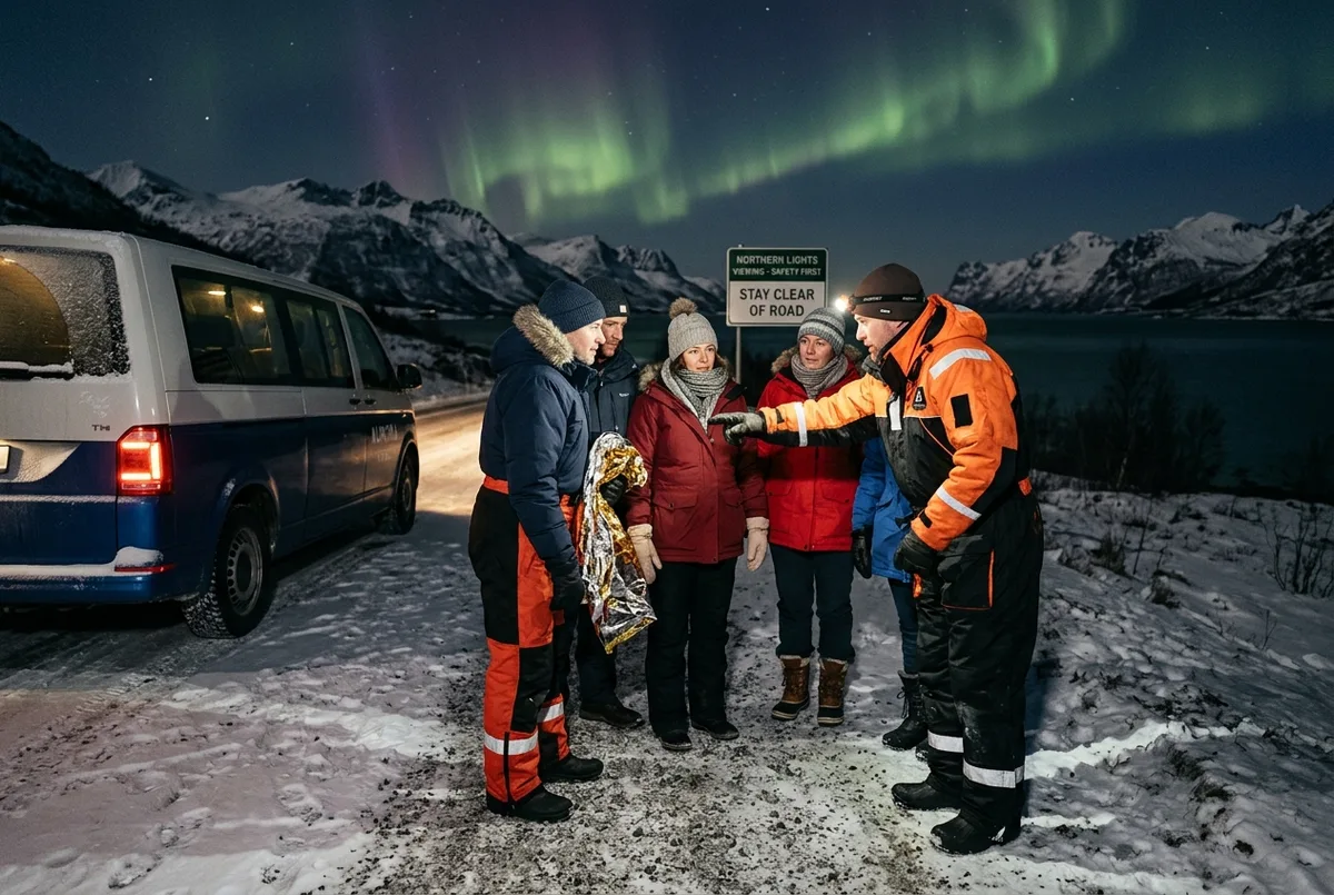 Gids in warme uitrusting begeleidt een kleine groep veilig langs een verlichte kijkplek tijdens een noorderlicht tour, sneeuw en ijs zichtbaar rond de minibus