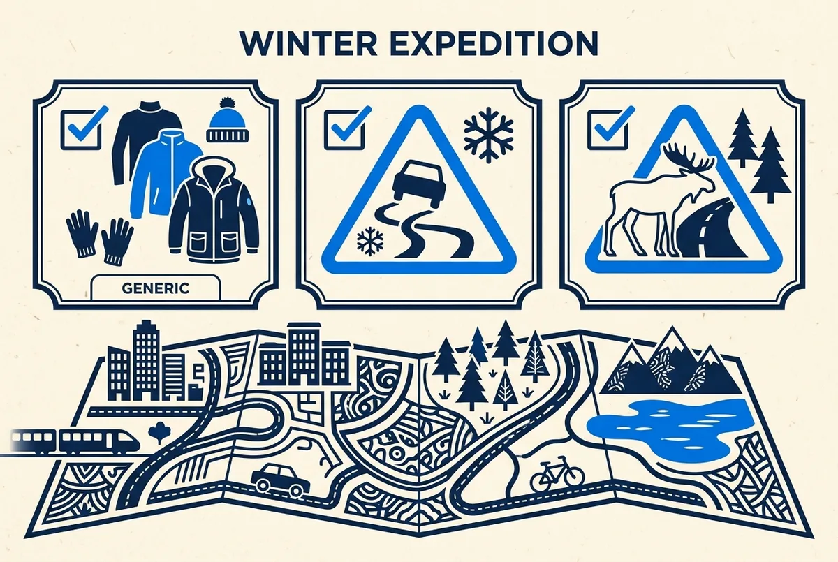 Kaart-achtige infographic met een gestippelde veilige tourroute langs verlichte controlepunten tegenover een rechte, onverlichte zelfrijroute door de sneeuw, alleen generieke pictogrammen