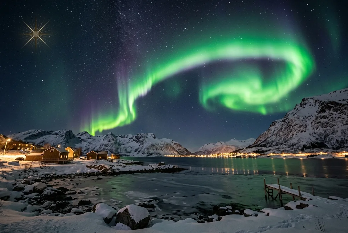 Cielo notturno sopra un fiordo innevato di Tromsø con un vivido arco di aurora boreale verde e viola, piccola grafica sottile di un brillamento solare in un angolo per suggerire il collegamento con le previsioni aurora boreale
