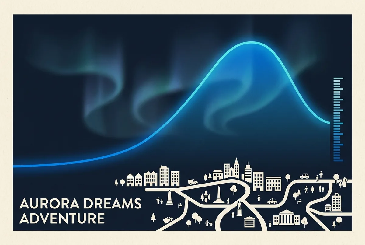 Grafica in stile infografico che mostra il ciclo solare di undici anni come una curva che sale e scende, accanto a una piccola scala verticale dell'indice Kp da zero a nove, su sfondo scuro con un debole bagliore di aurora