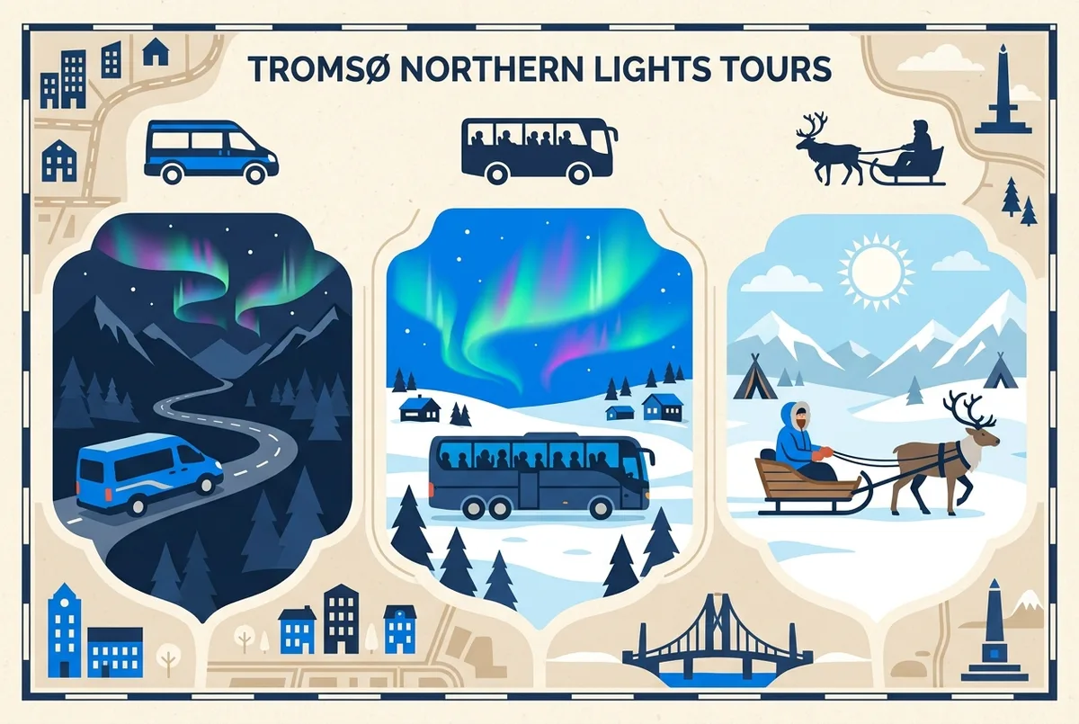 Confronto illustrato in stile piatto tra tre icone dei tour tromso aurora boreale: un minibus in caccia, un bus safari e una slitta trainata da renne di giorno, solo icone ed etichette generiche